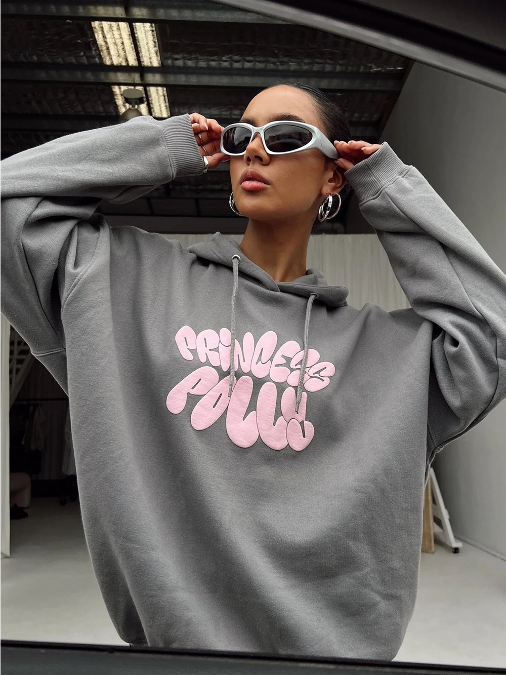 Princess Polly Gray Hoodie with Pink Logo Graphic